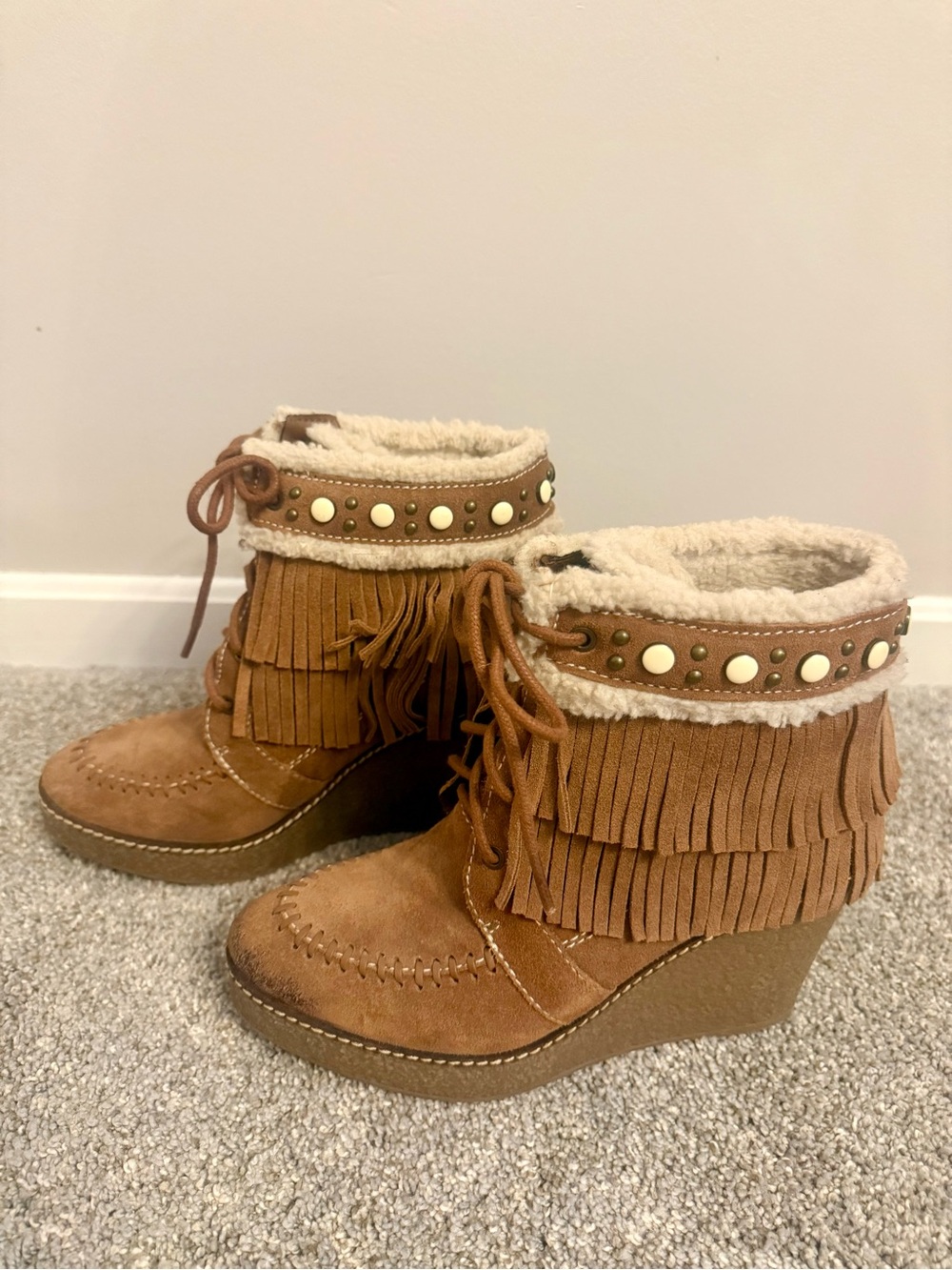 Sam Edelman Tan Wedge Ankle Boots with Fringe Trim and Pretty Stud Detail